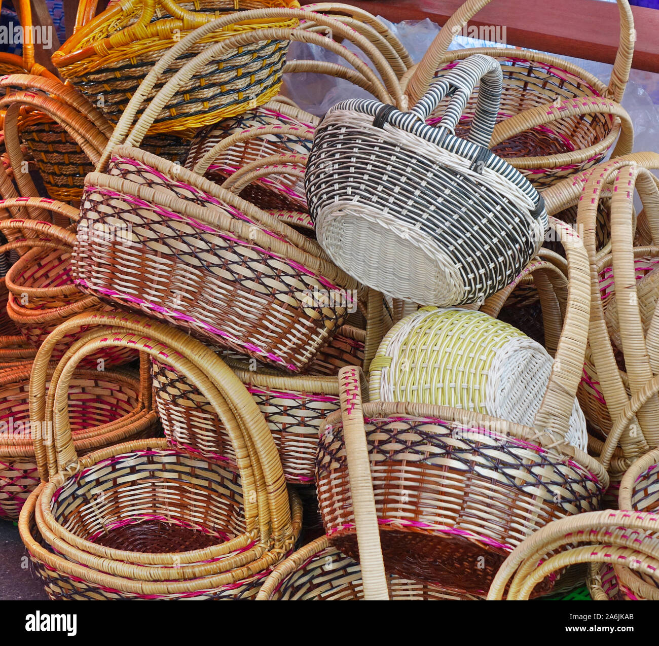 Handcrafted wicker baskets at an outdoor market Stock Photo Alamy