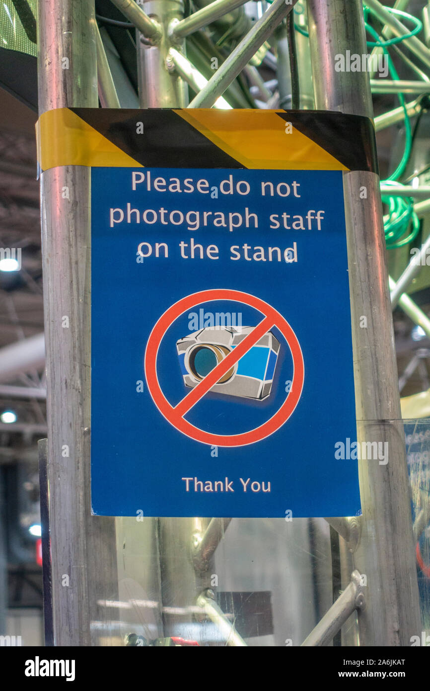 'Please Do Not Photograph staff on the stand' sign at the GCSQ stand at The Big Bang Fair 2019, NEC, Birmingham, UK. Stock Photo