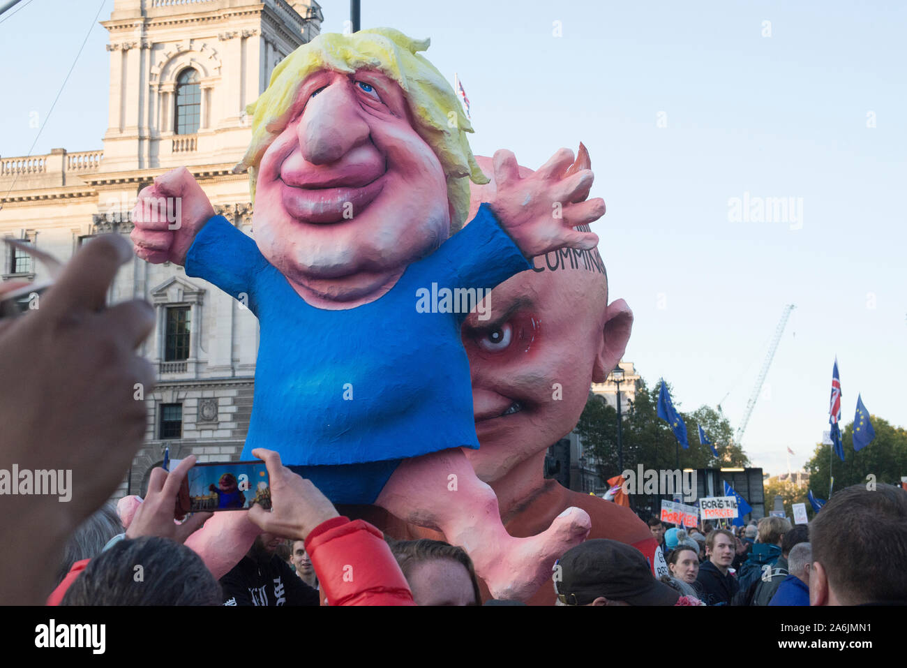 London, UK - 19 October 2019 - Brexit Monstrosity  (Boris-Cummings) created by Jacques Tilly at Parliament Square at the end of the march. Hundreds of thousands of people from right across the UK join a march and rally to support “Giving the people a final say” on Brexit. This was organised by the Peoples Vote campaign to get a Referendum on the final Brexit deal with an option to remain inside the EU. Starting in Park Lane, the march ended in Parliament Square where there were speeches from leading campaigners. More info: www.peoples-vote.uk and www.letusbeheard.uk - credit Bruce Tanner Stock Photo