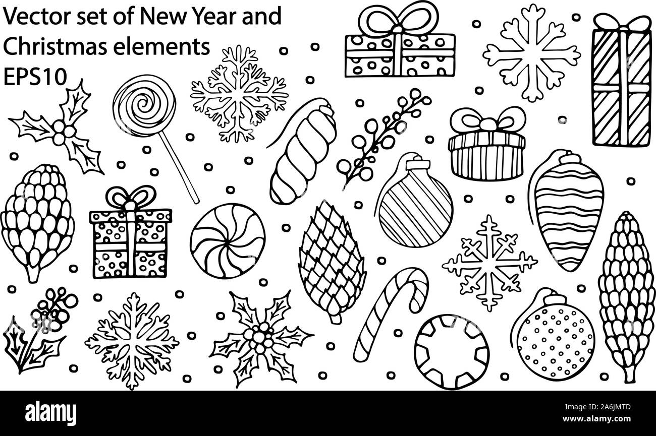 Vector hand drawn outline big set of New Year and Christmas gift box, ornament, candy, lollipop, cone, snowflake and holly berry. Coloring book decora Stock Vector