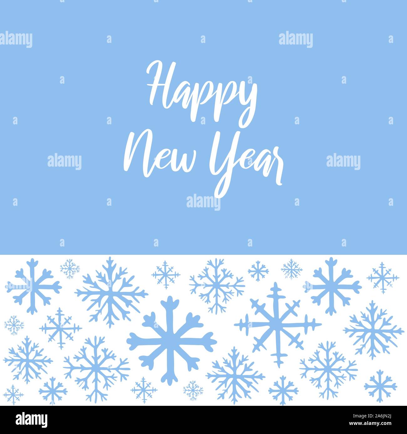 Vector hand drawn background with white snowflakes on blue background and copy space for text. Happy New Year hand lettered text. Winter, New Year and Stock Vector