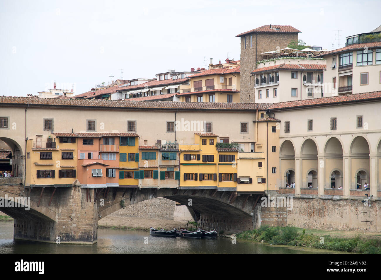 Ponte Vecchio (Old Bridge) with Corridoio Vasariano (Vasari Corridor) and Torre dei Consorti in Historic Centre of Firenze listed World Heritage by UN Stock Photo