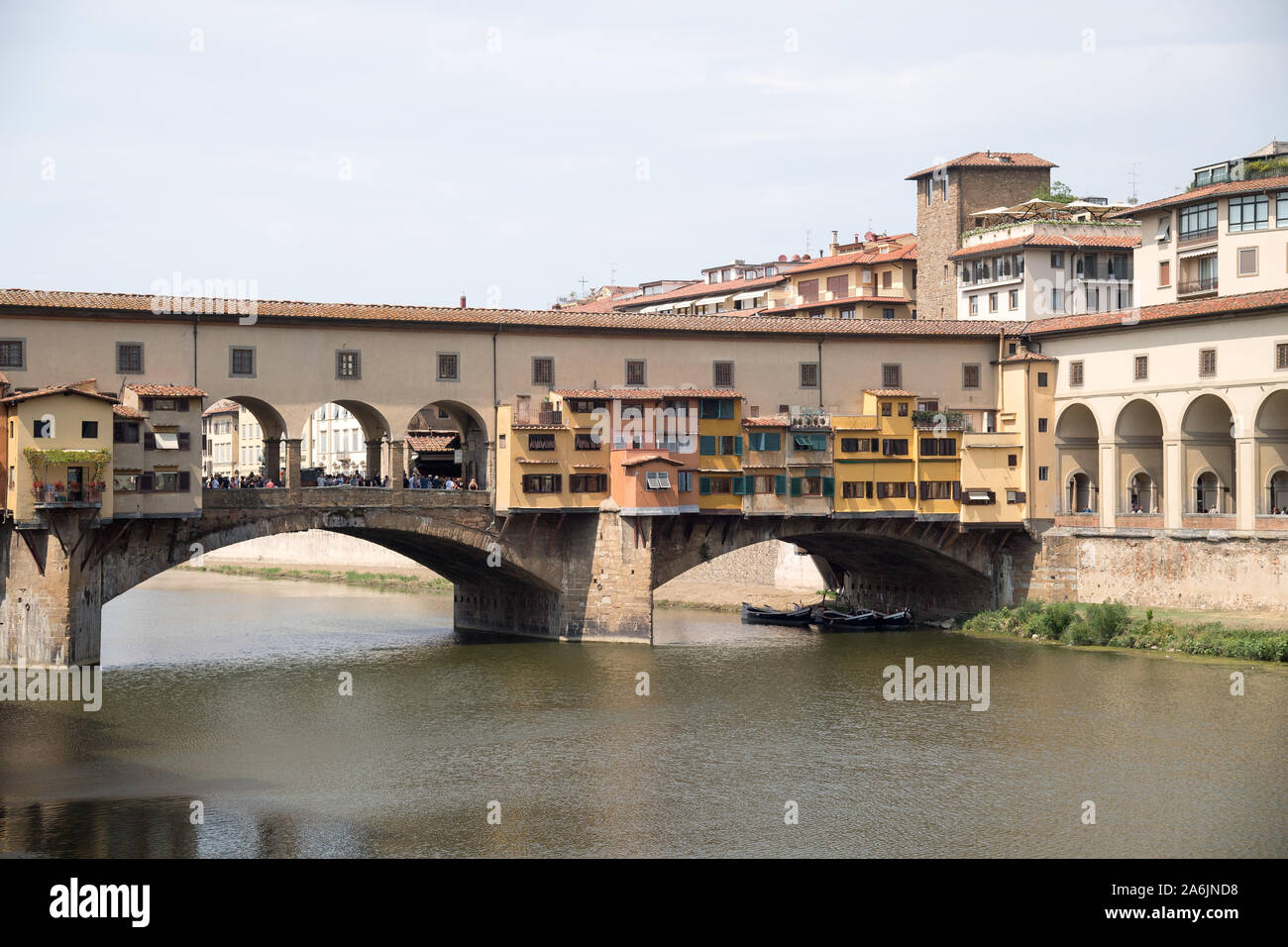 Ponte Vecchio (Old Bridge) with Corridoio Vasariano (Vasari Corridor) and Torre dei Consorti in Historic Centre of Firenze listed World Heritage by UN Stock Photo