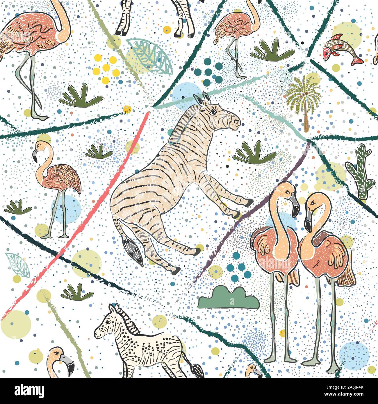 Seamless Pattern with Cute Hand Drawn Flamingo and Zebra. Scandinavian ...