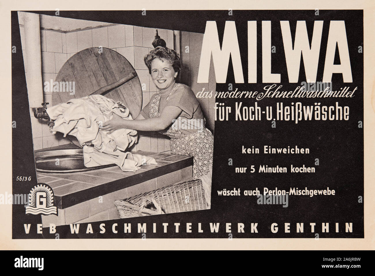 Retro advertising of the production Milwa,  East Germany, 1958 MILWA, VEB Waschmittelwerk Genthin, East German Ad, DDR Stock Photo