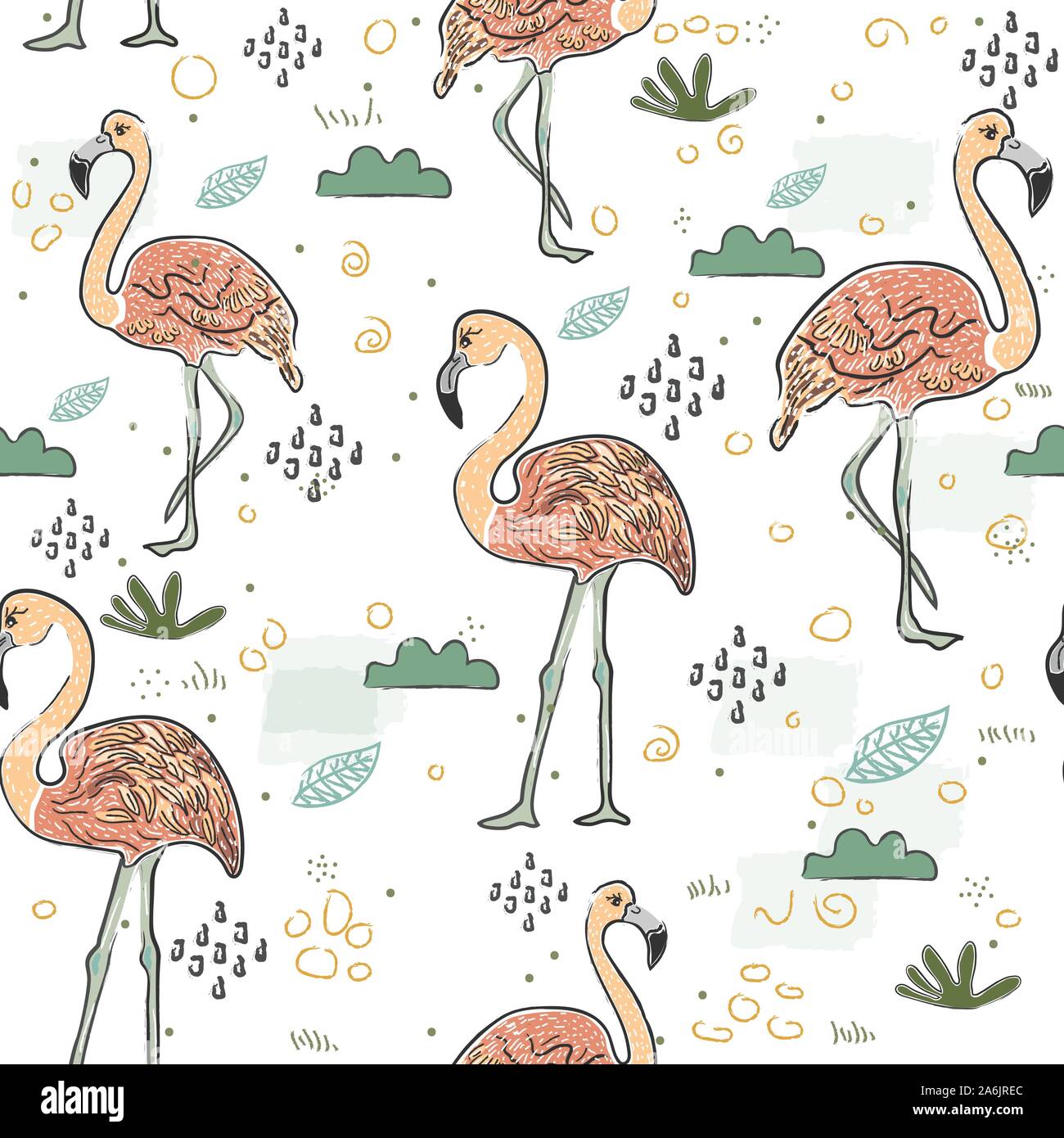 Seamless Pattern with Cute Hand Drawn Flamingo. Scandinavian Style ...