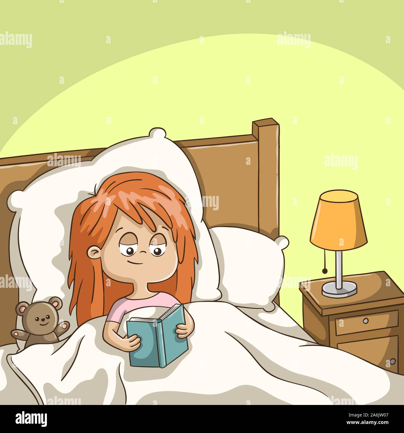 Girl reads a book in Bed. Hand drawn vector illustration with separate ...
