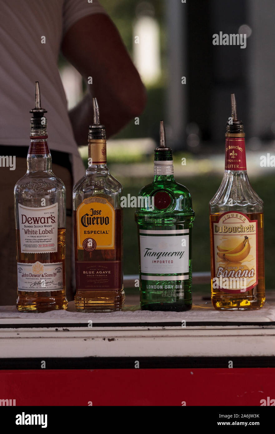 Naples, Florida, USA October 26, 2019 Tequila bottles line up at an
