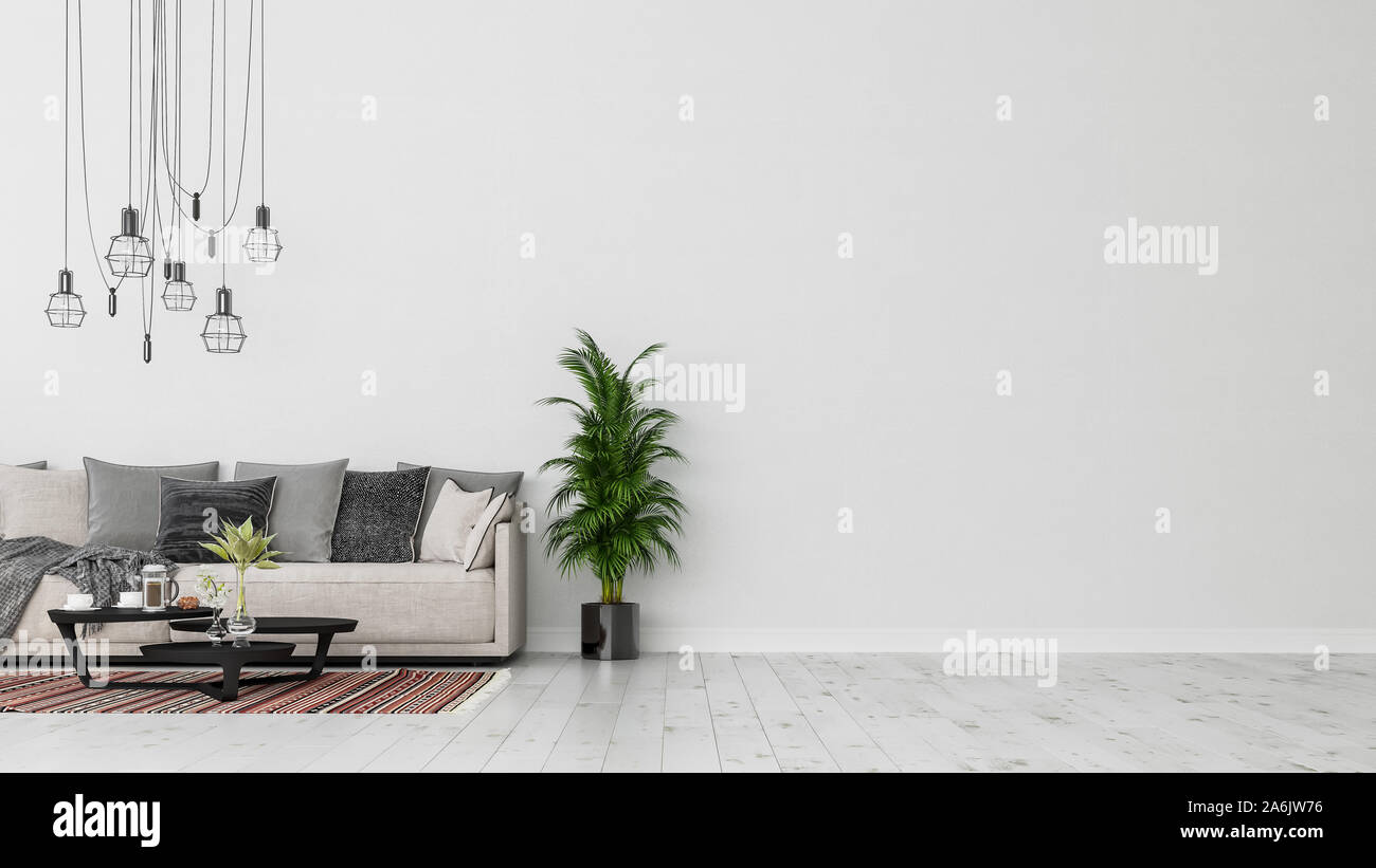 Modern interior design of a living room indoors apartment, home, office, soft sofa, fresh flowers and modern interior details on a white wall backgrou Stock Photo