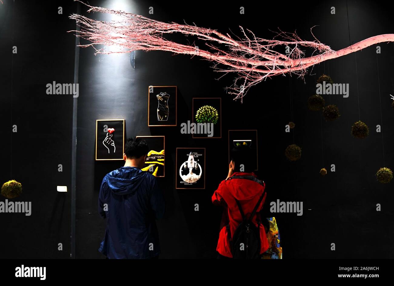 Shanghai. 27th Oct, 2019. Visitors enjoy lichen-made paintings during a shade plant exhibition at Shanghai Botanical Garden in east China's Shanghai, Oct. 27, 2019. Credit: Zhang Jiansong/Xinhua/Alamy Live News Stock Photo