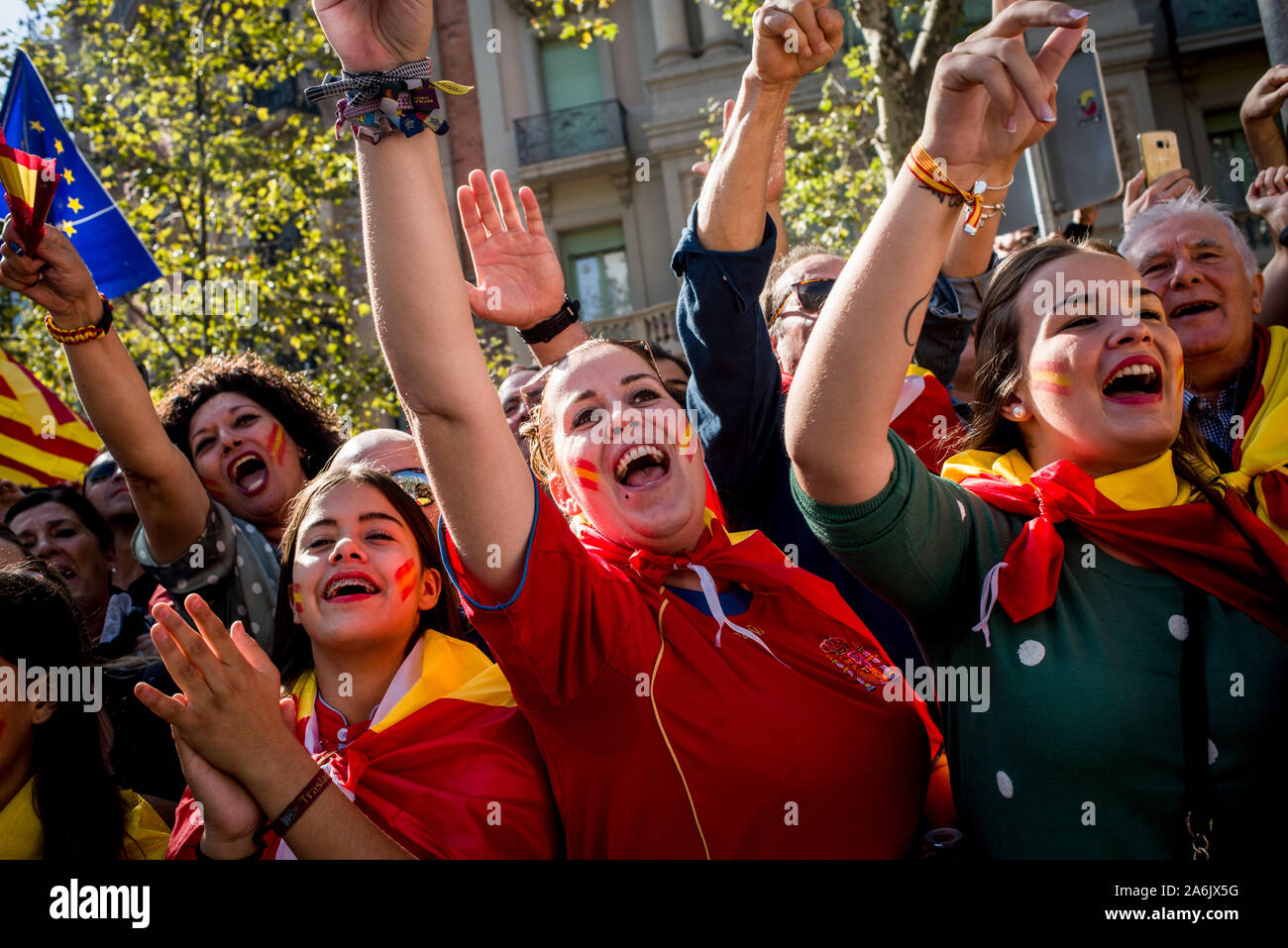 Barcelona, Spain. 27th Oct, 2019. Protesters shout slogans during a unionist march in Barcelona. Thousands pro-unionist demonstrators marched  in Barcelona against Catalan independence during a protest called by Societat Civil Catalana organization. Credit:  Jordi Boixareu/Alamy Live News Stock Photo