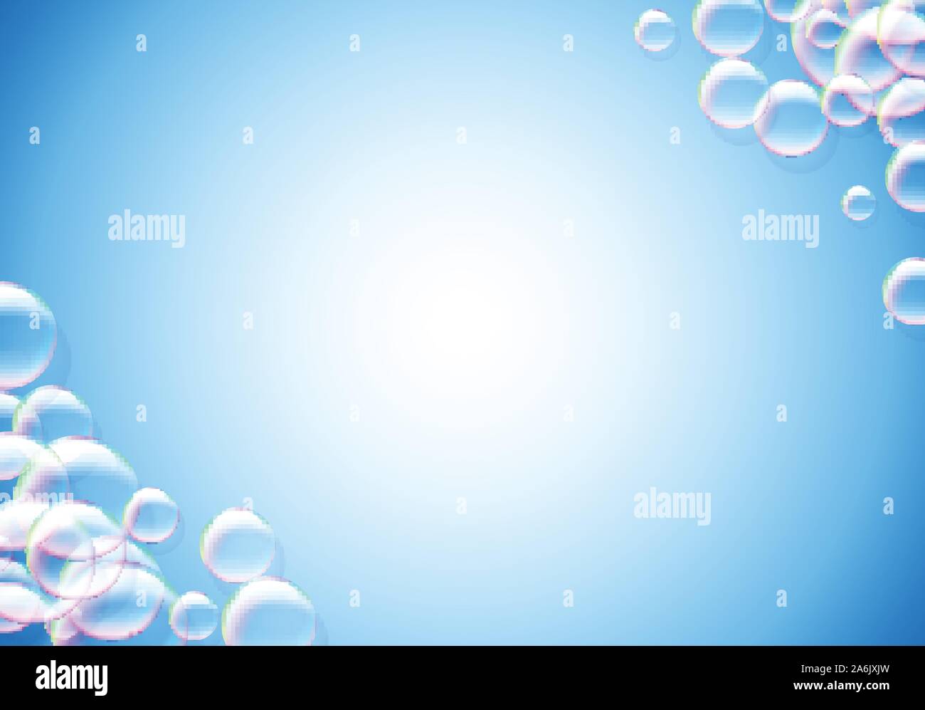 Soap bubbles abstract blue background with rainbow colored airy foam ...