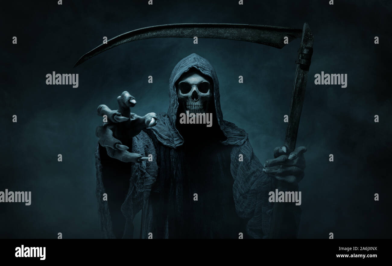 Grim reaper reaching towards the camera over dark, foggy background