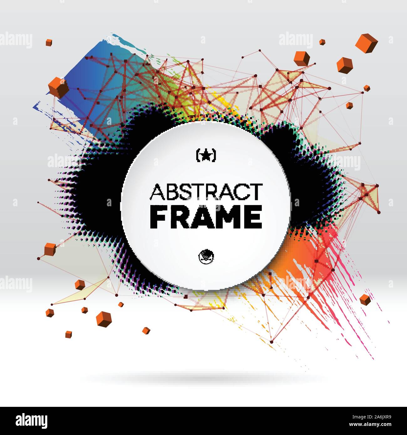 Background with brush stroke, blot, triangular grid and frame Stock Vector