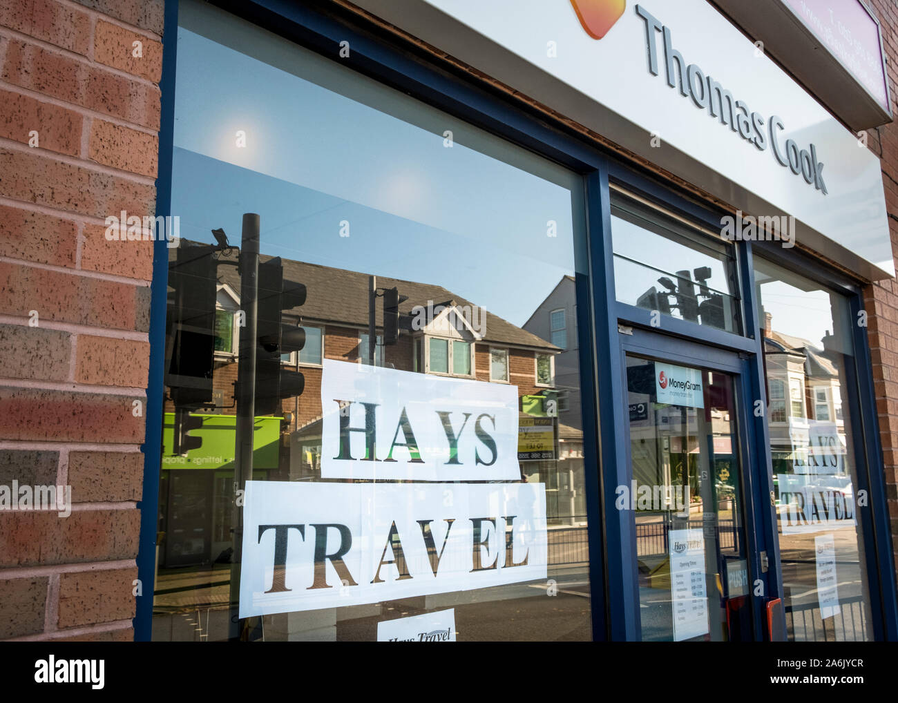 Hays Travel temporary sign in the window of an ex Thomas Cook travel agency shop, West Bridgford, Nottinghamshire, England, UK Stock Photo