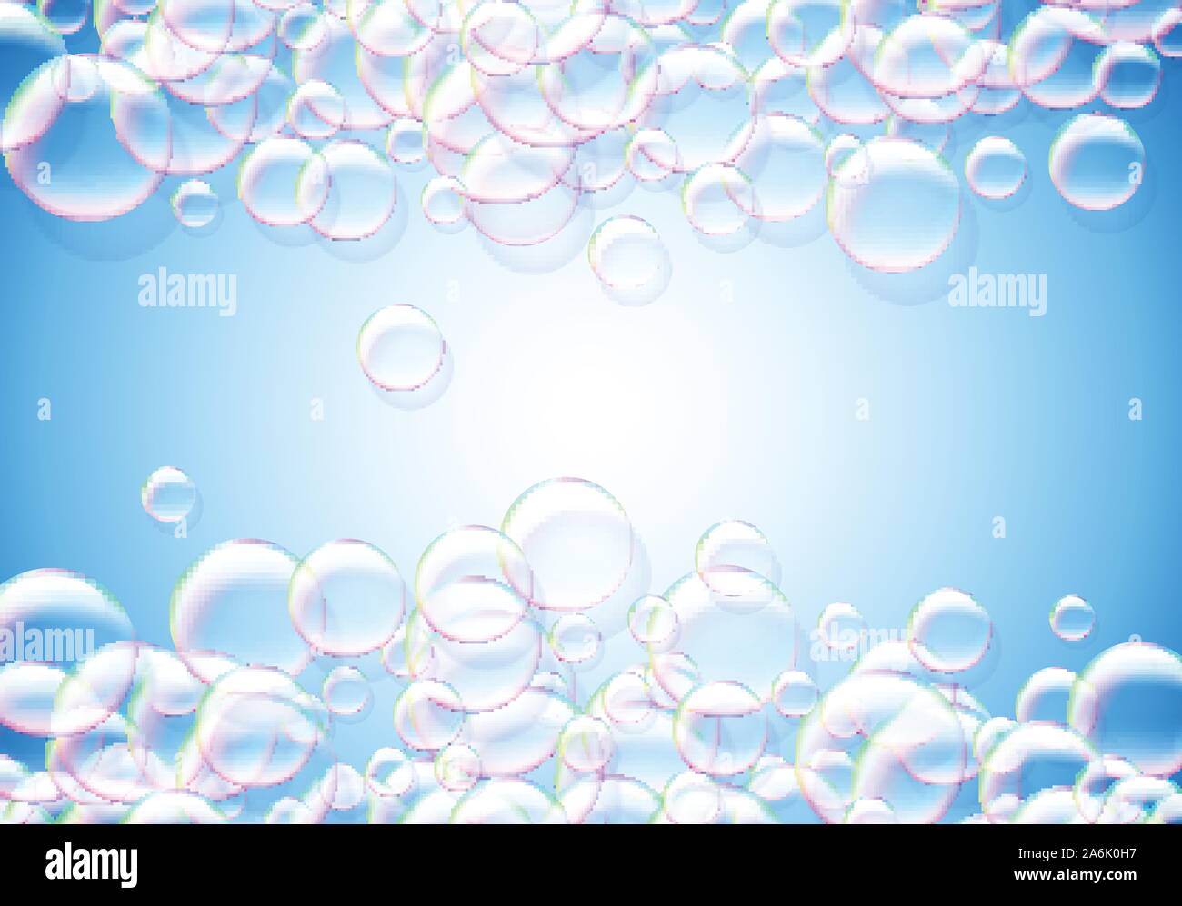 Soap bubbles abstract blue background with rainbow colored airy foam ...