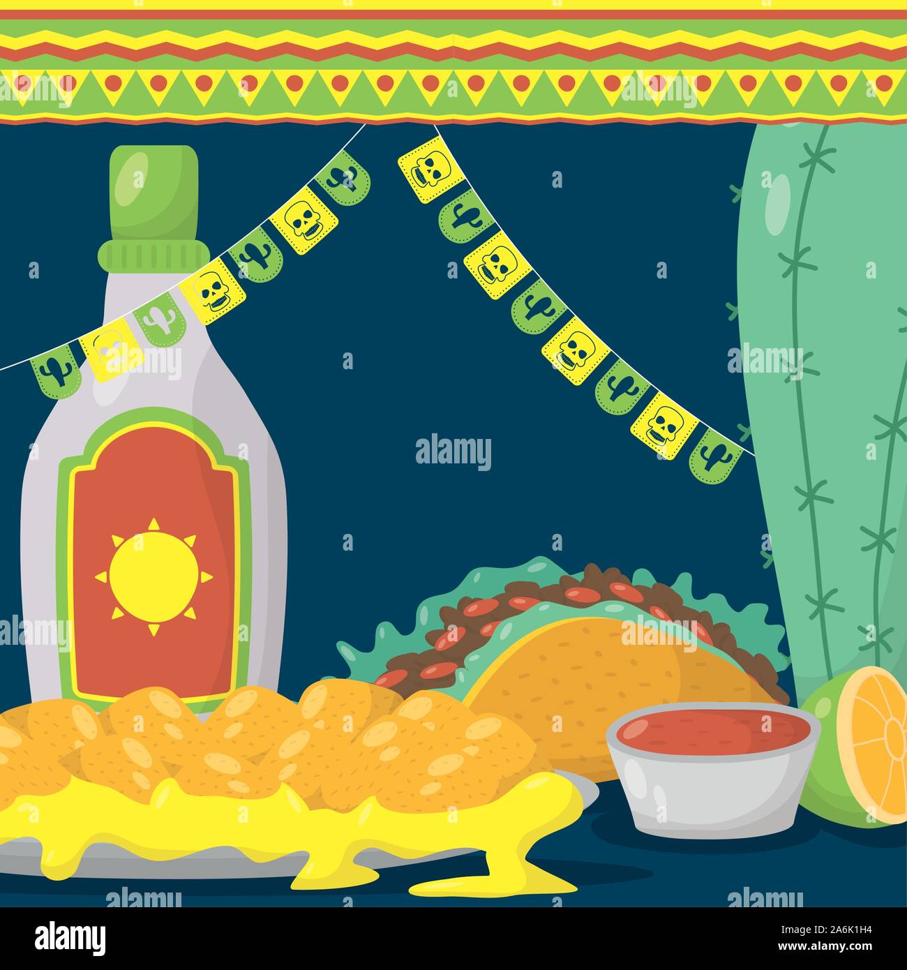 viva mexico celebration with taco and tequila bottle Stock Vector Image ...