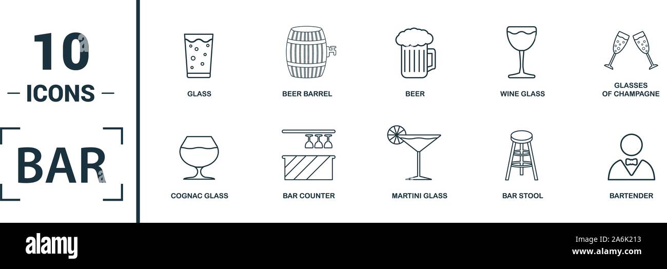 Bar Restorant icon set. Include creative elements glass, beer, bartender, shaker, menu icons