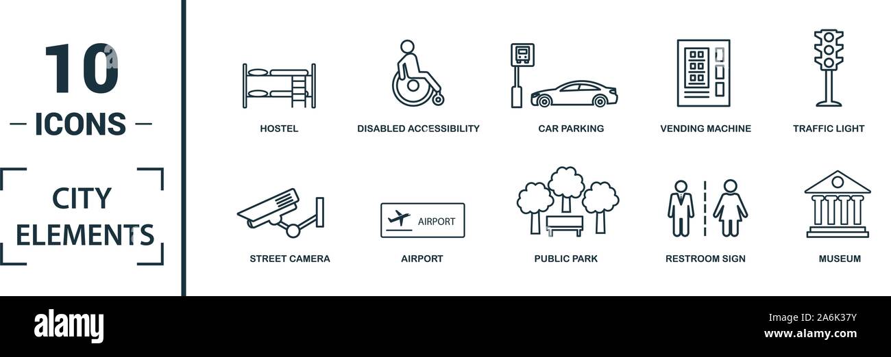 City Elements icon set. Include creative elements restroom sign, public ...