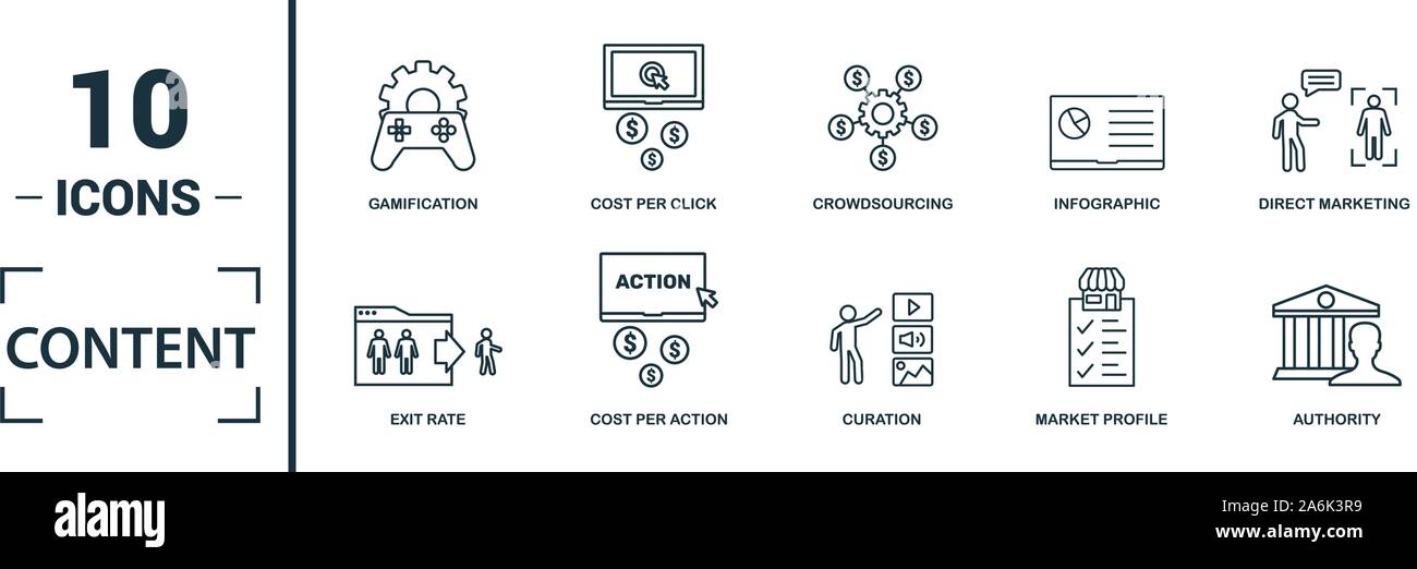 Content icon set. Include creative elements cost per click, crowdsourcing, curation, exit rate, gamification icons. Can be used for report Stock Vector