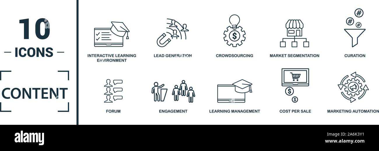 Content icon set. Include creative elements cost per click, crowdsourcing, curation, exit rate, gamification icons. Can be used for report Stock Vector