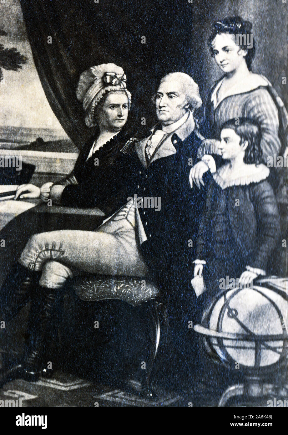 Vintage photograph of a painting of George Washington, with wife Martha and their children, circa 1780s. Stock Photo