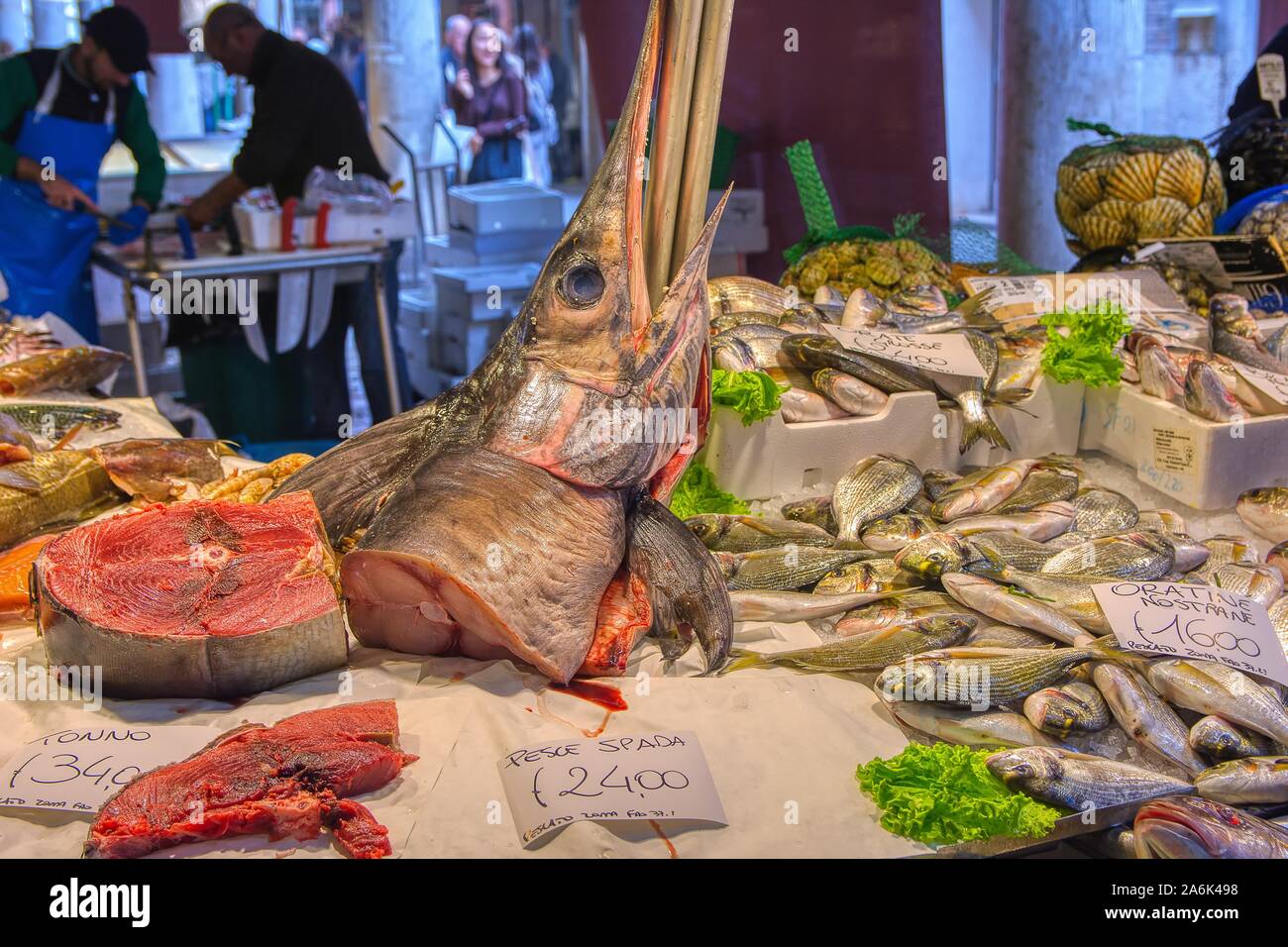 Venice, Italy - October 12, 2019: Fresh seafood for sale at the Rialto farmers market ,Mercato di Rialto, in Venice near the Rialto Bridge and the Gra Stock Photo