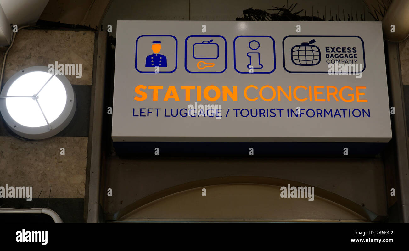 London, United Kingdom - September 7, 2019: Left luggage and tourist information sign located at Charing Cross mainline train station Stock Photo