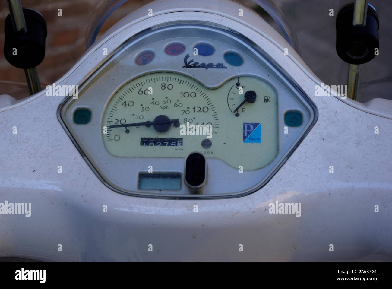 Rimini, Italy October 21, 2019 White Vespa instrument panel showing speed and fuel gauges