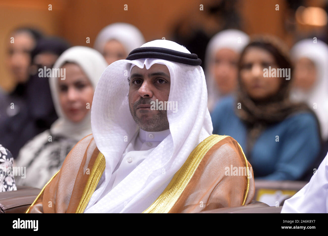 Farwaniya Governorate, Kuwait. 27th Oct, 2019. Kuwaiti Information Minister Mohammad Al-Jabri attends a forum of female journalists in Farwaniya Governorate, Kuwait, Oct. 27, 2019. Kuwaiti Journalists Association (KJA) launched on Sunday a forum of female journalists from across the Gulf region to boost media cooperation in the region. Credit: Asad/Xinhua/Alamy Live News Stock Photo