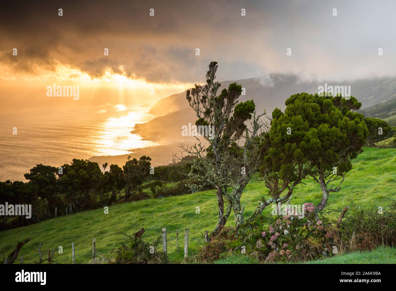 Sunrise over Pico northern coastline. Pico, Azores, Portugal Stock Photo