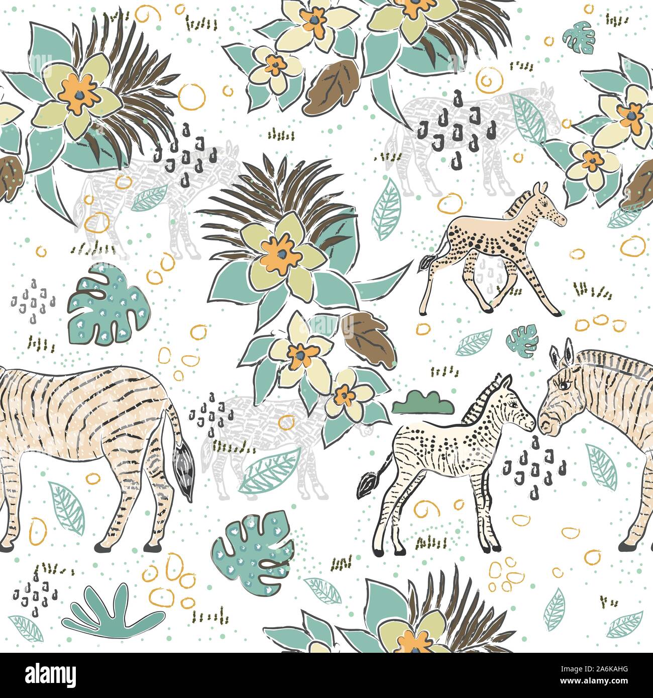 Seamless Pattern with Cute Hand Drawn Zebra. Scandinavian Style. Vector ...