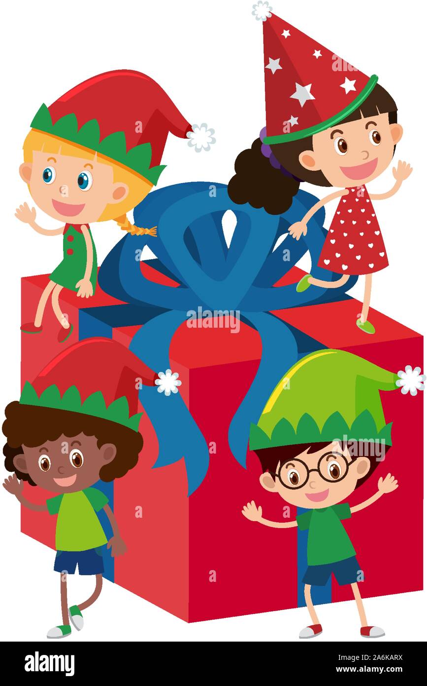 Four kids on red present box illustration Stock Vector
