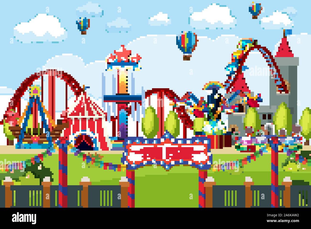 Amusement park with many rides at day time illustration Stock Vector ...