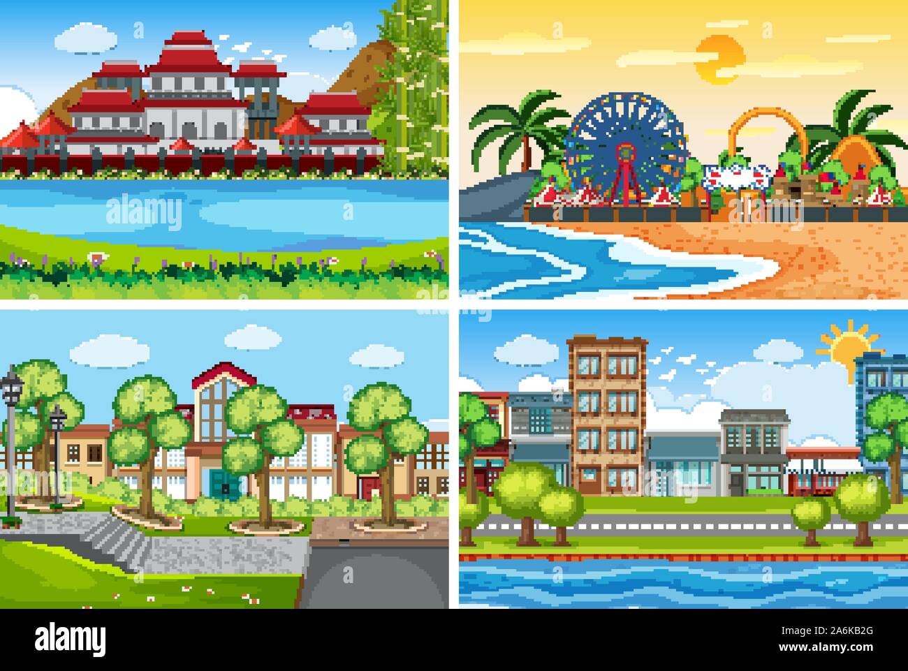 A set of outdoor scene including building illustration Stock Vector ...