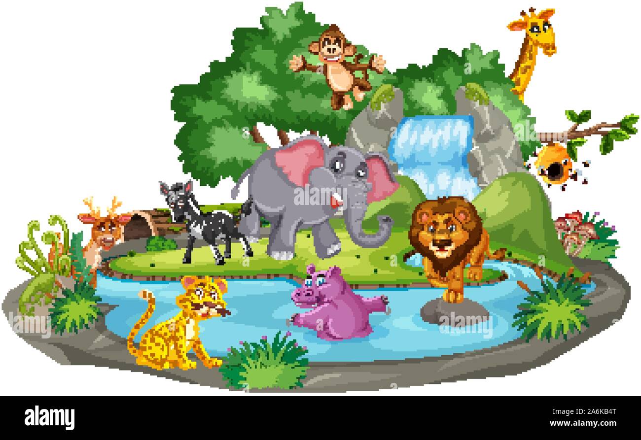 Background scene of many animals at the waterfall illustration Stock Vector Image & Art - Alamy Background scene of many animals at the waterfall illustration Stock Vector Image & Art - Alamy