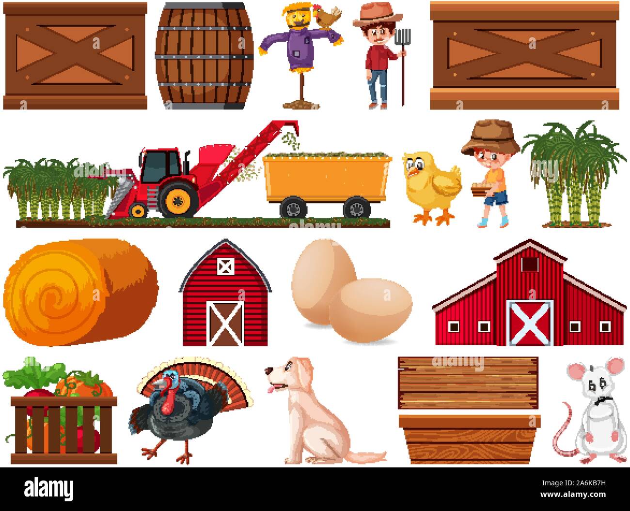 Large set of isolated farm objects illustration Stock Vector