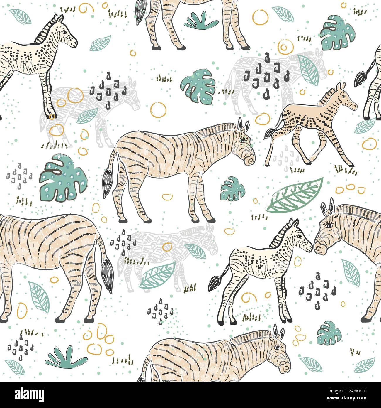 Seamless Pattern with Cute Hand Drawn Zebra. Scandinavian Style. Vector ...