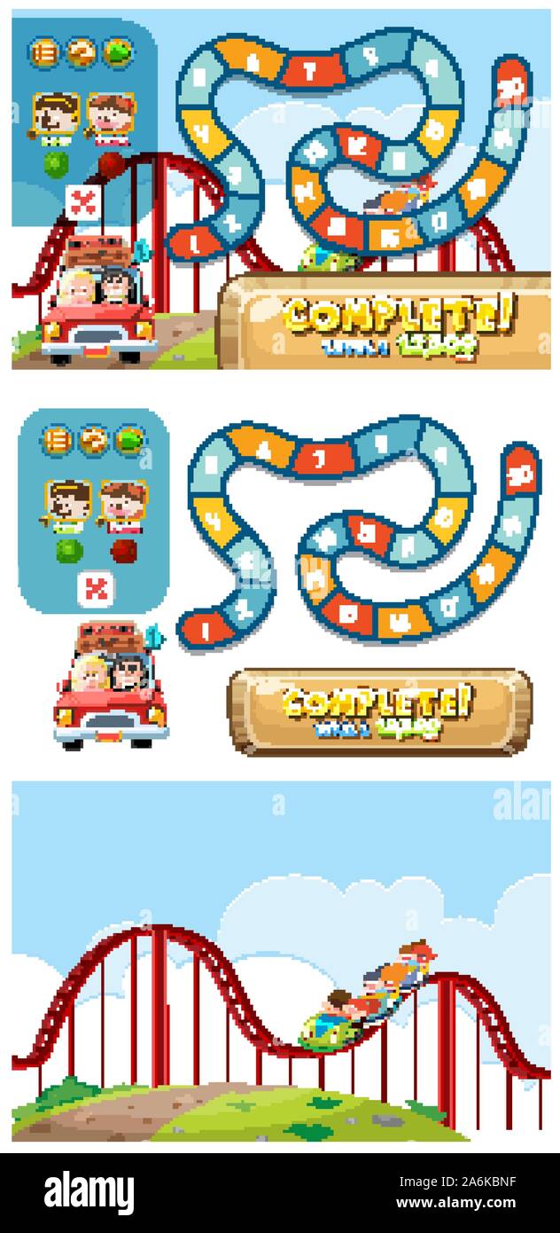 Set of game template with people on roller coaster illustration Stock ...