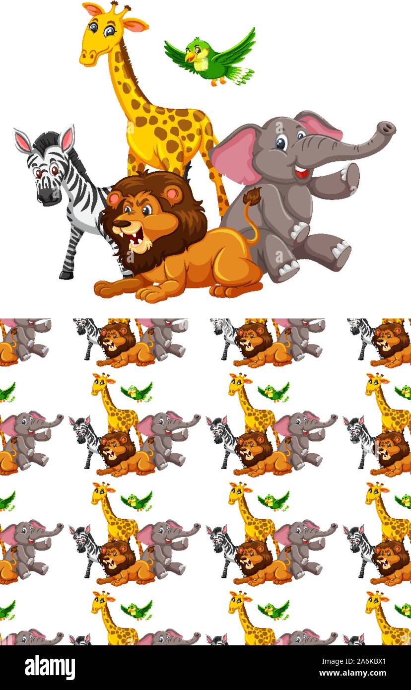 Group of wild african animals and seamless pattern illustration Stock ...