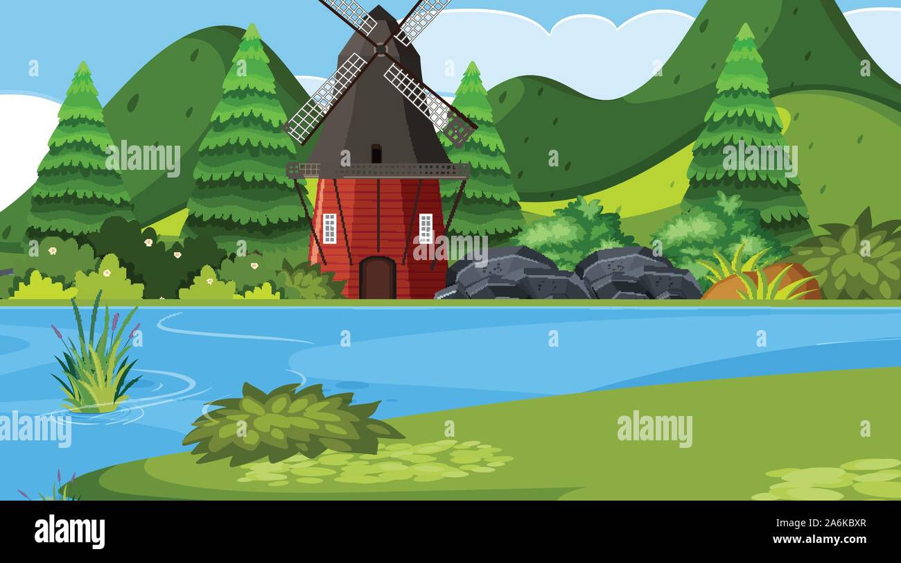 An outdoor scene with windmill illustration Stock Vector
