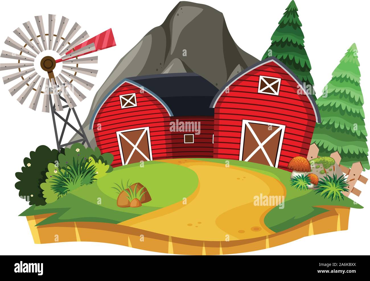 Nature landscape of farmland with red barn illustration Stock Vector