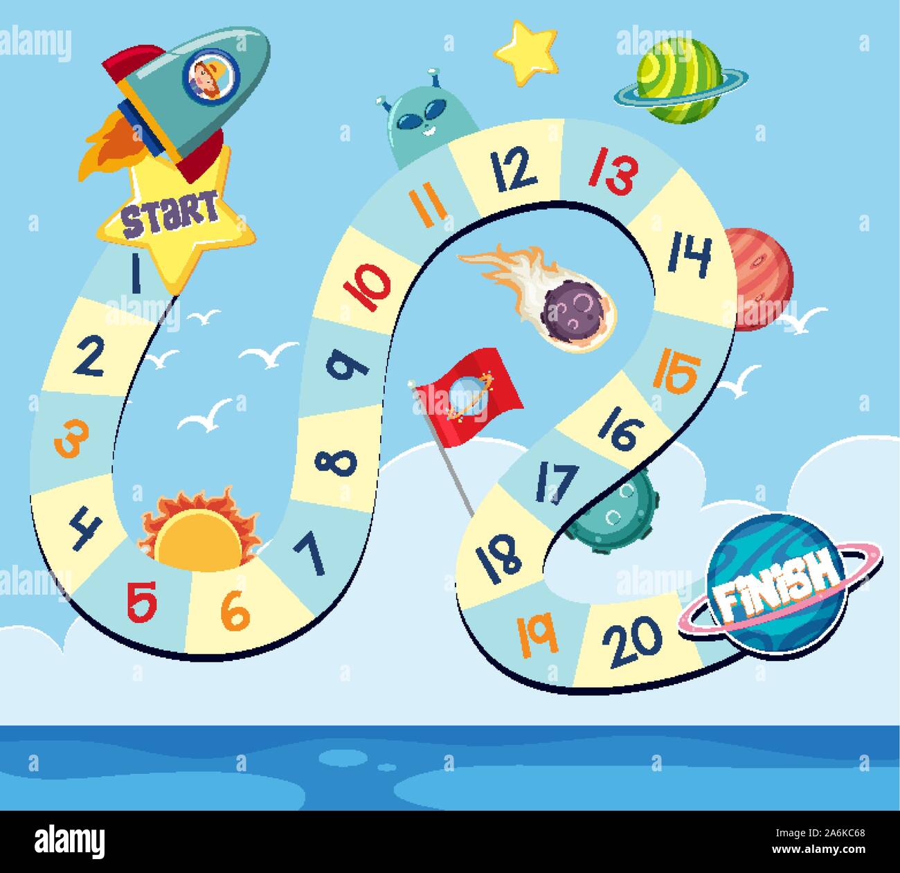 Boardgame design template with rocket and planets illustration Stock ...