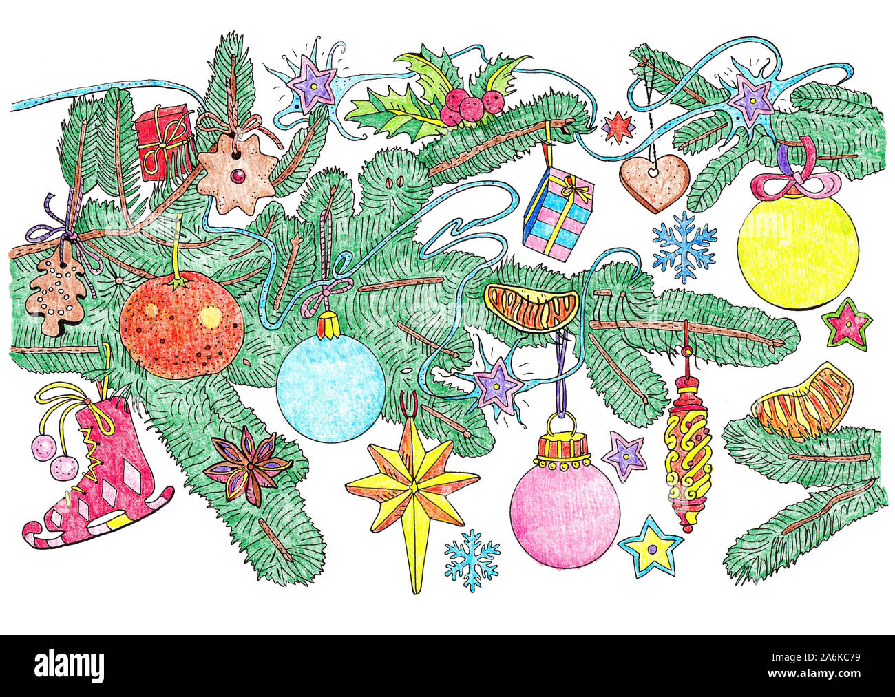 Hand drawn fir tree branches with Christmas decorations, balls, cookies ...