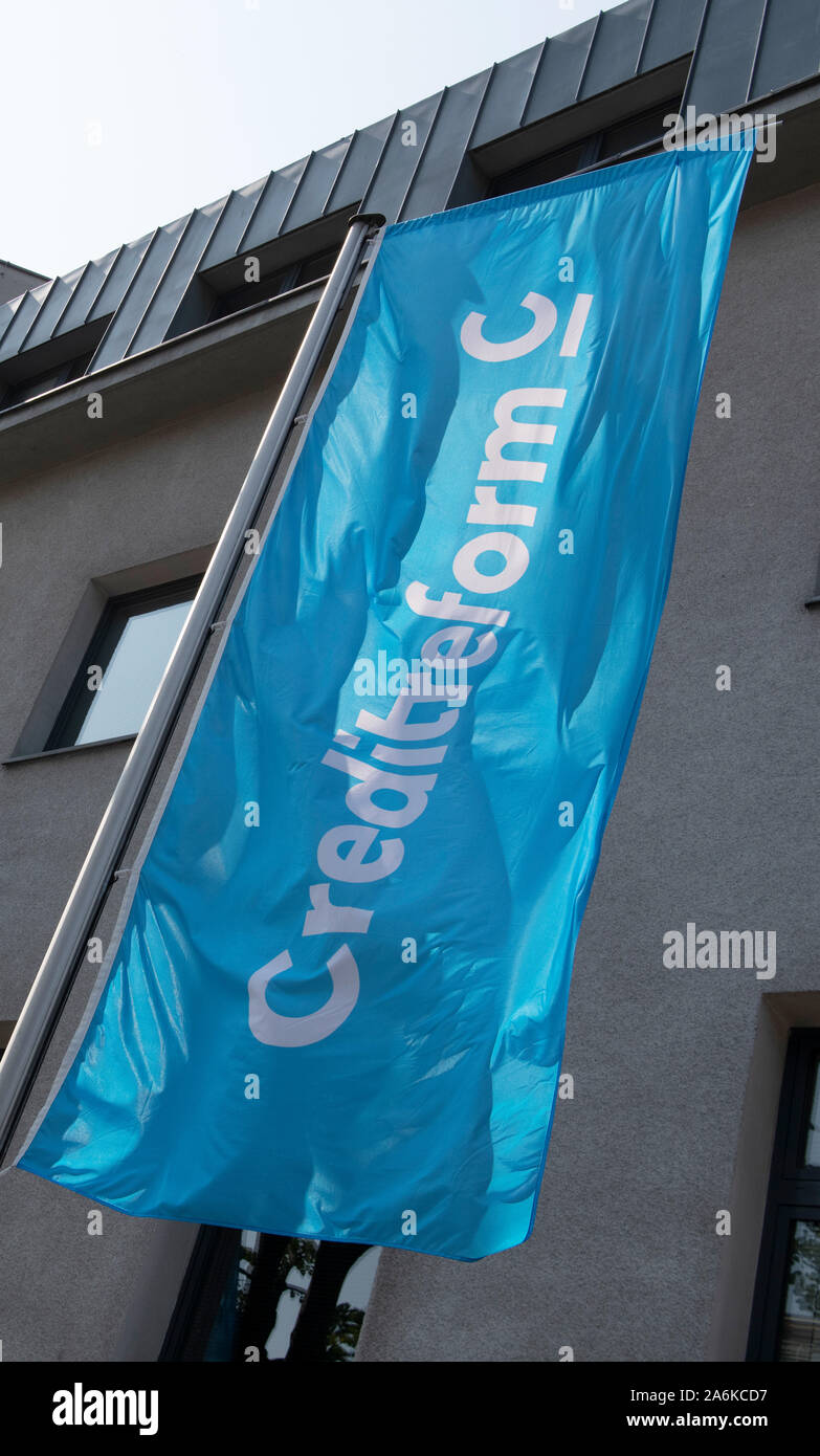 Berlin Germany 31st Aug 19 Creditreform Is Flying A Flag In Front Of The Head Office Of The Creditreform Group Which Among Other Things Acts As A Credit Agency And Debt Collection