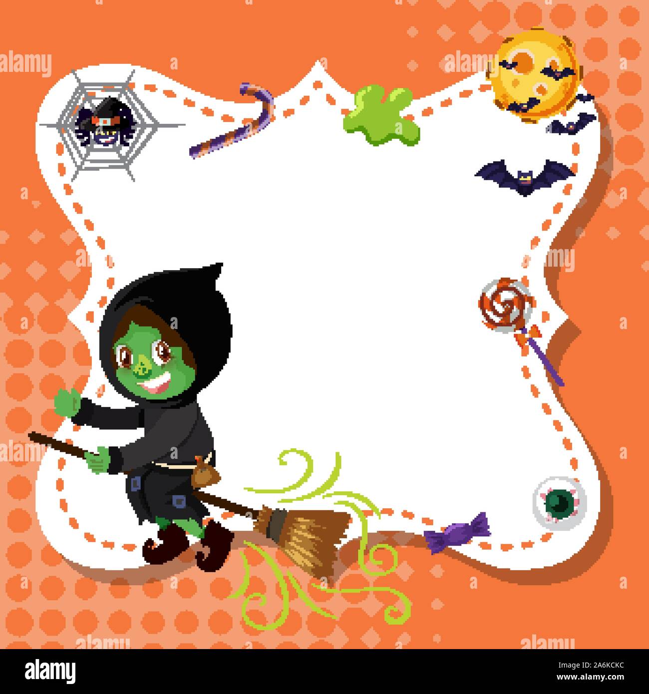 Frame template design with green witch illustration Stock Vector