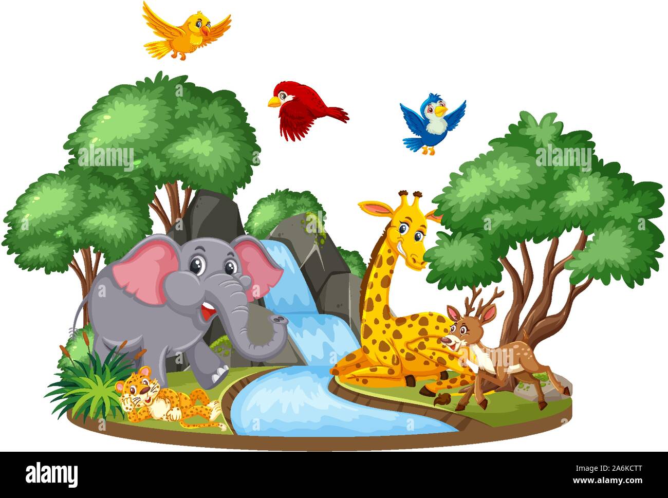 Background scene of wild animals at the waterfall illustration Stock