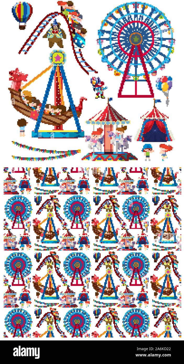 Seamless background design with children and circus rides illustration ...