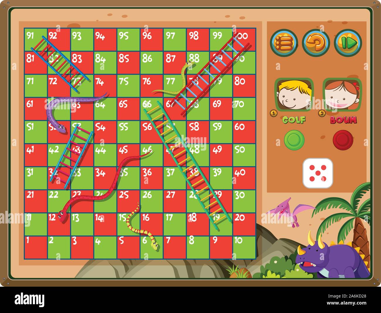 Snakes and ladders game with triceratops background illustration Stock Vector
