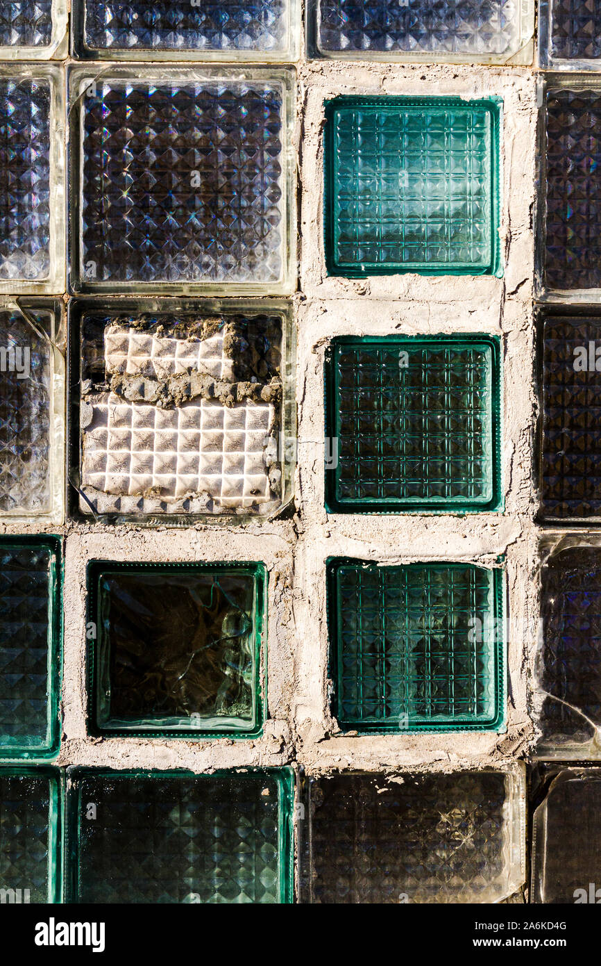 Old glass block wall texture, frosted glass brick wall background Stock